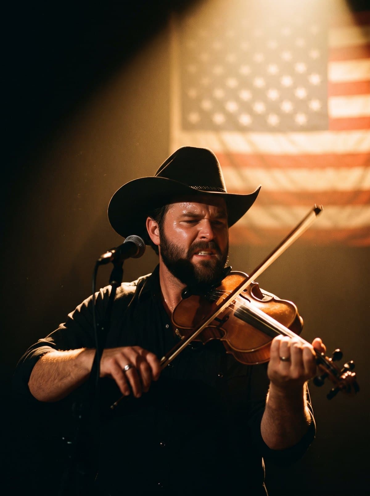 Cap Redmond, bearded, in a black felt hat, playing fiddle into a microphone under a spotlight, a flag glowing behind him