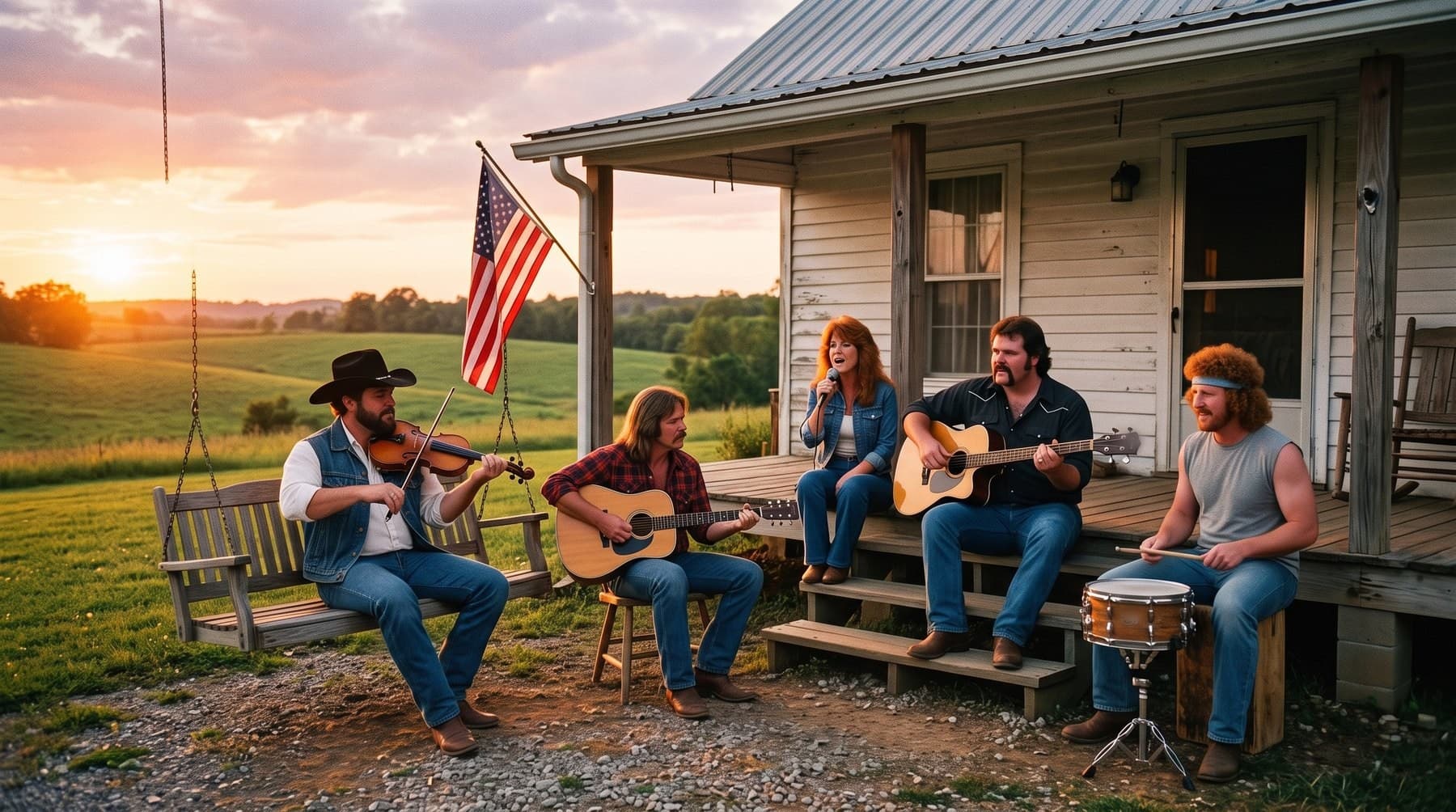 The five band members playing acoustic instruments on and around a white farmhouse porch at sunset, a flag on the porch post and green fields behind