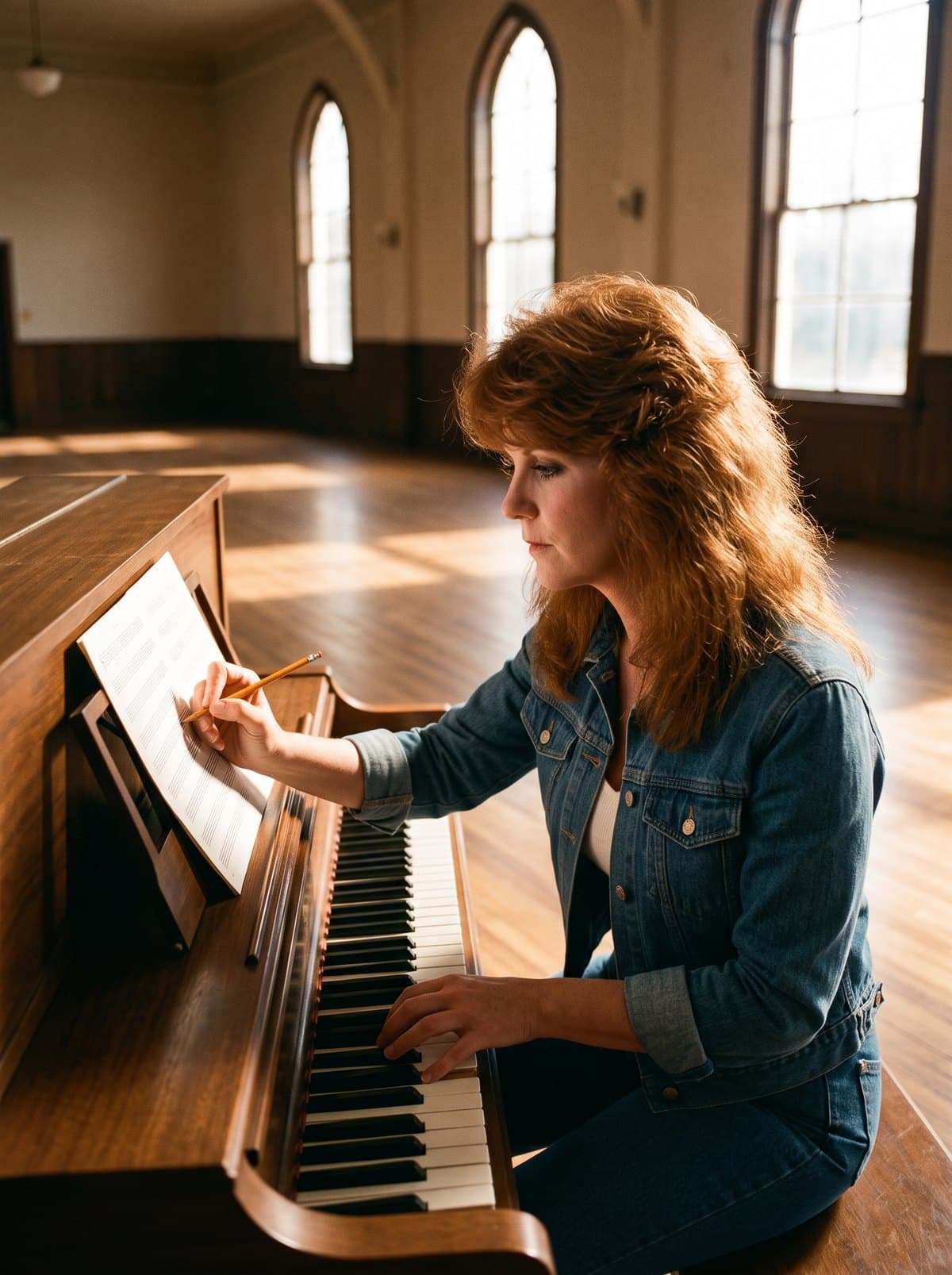 Kay Ashworth in a denim jacket at an upright piano in an empty hall with tall arched windows, writing on manuscript paper with a pencil