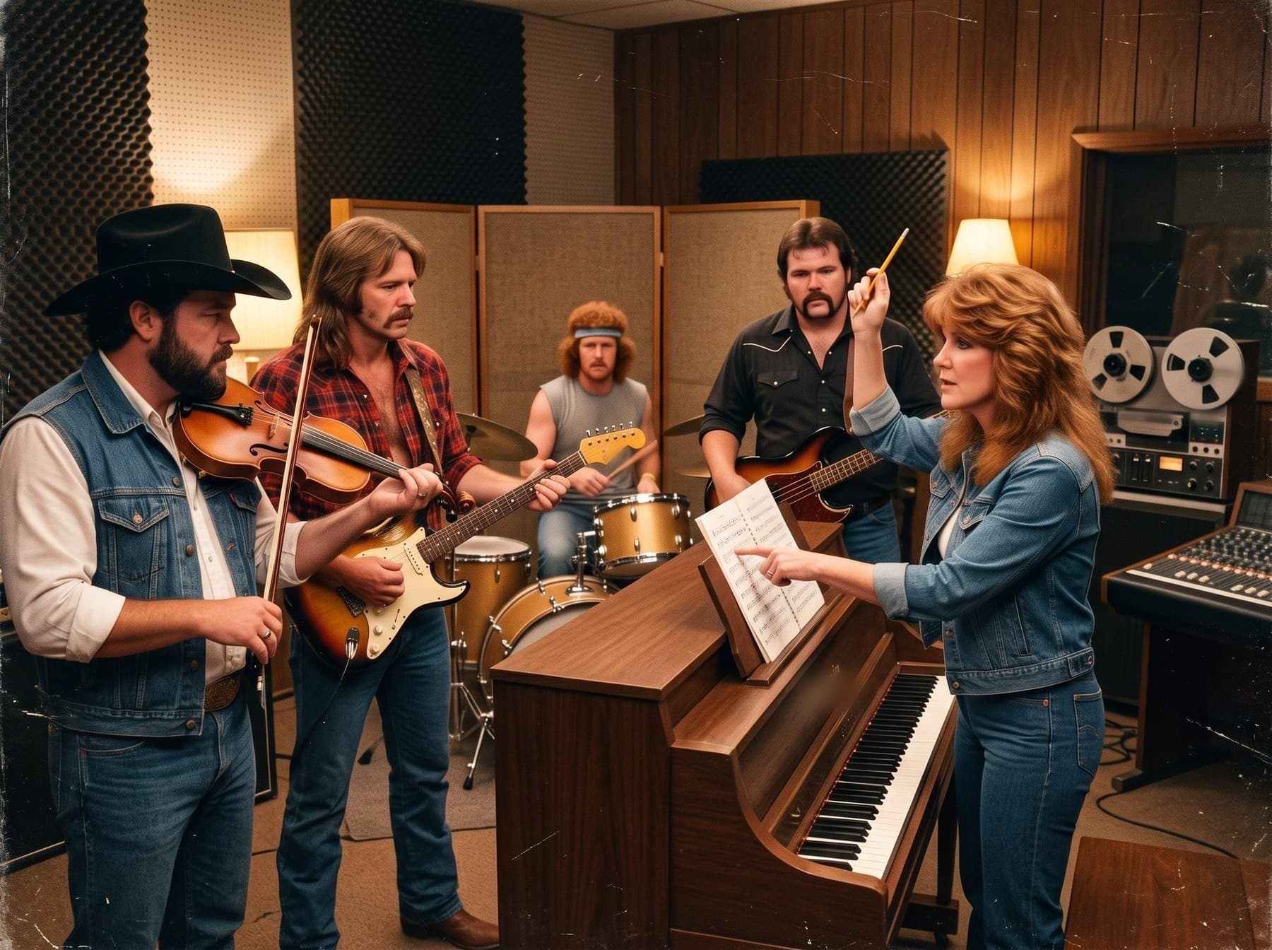 A woman at an upright piano in a wood-paneled recording studio conducts the band with a raised pencil while the fiddler, guitarist, bassist and drummer watch her