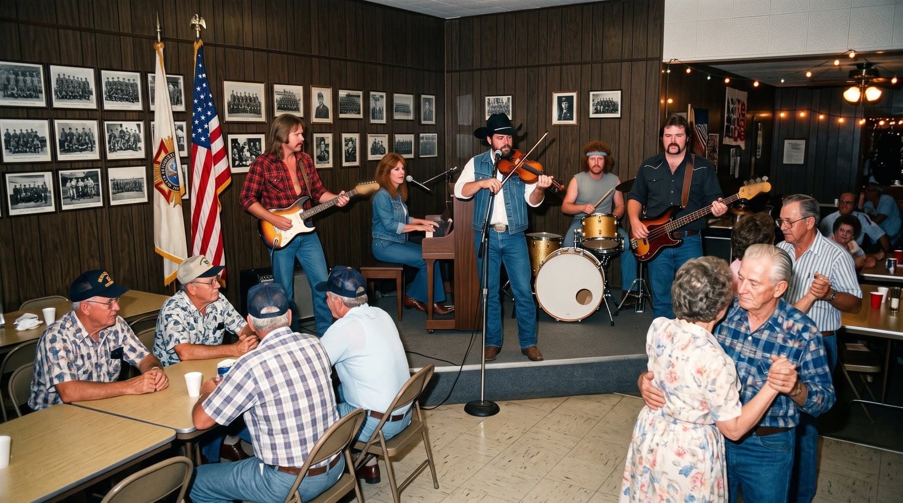 Older couples dancing in front of the band in a VFW post hall with wood paneling, string lights and framed photographs of servicemen