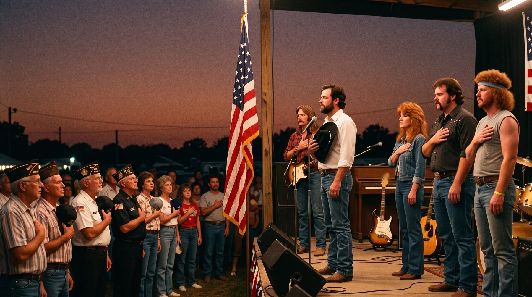 Fiddle & Flag standing with hands over hearts facing the flag before a show