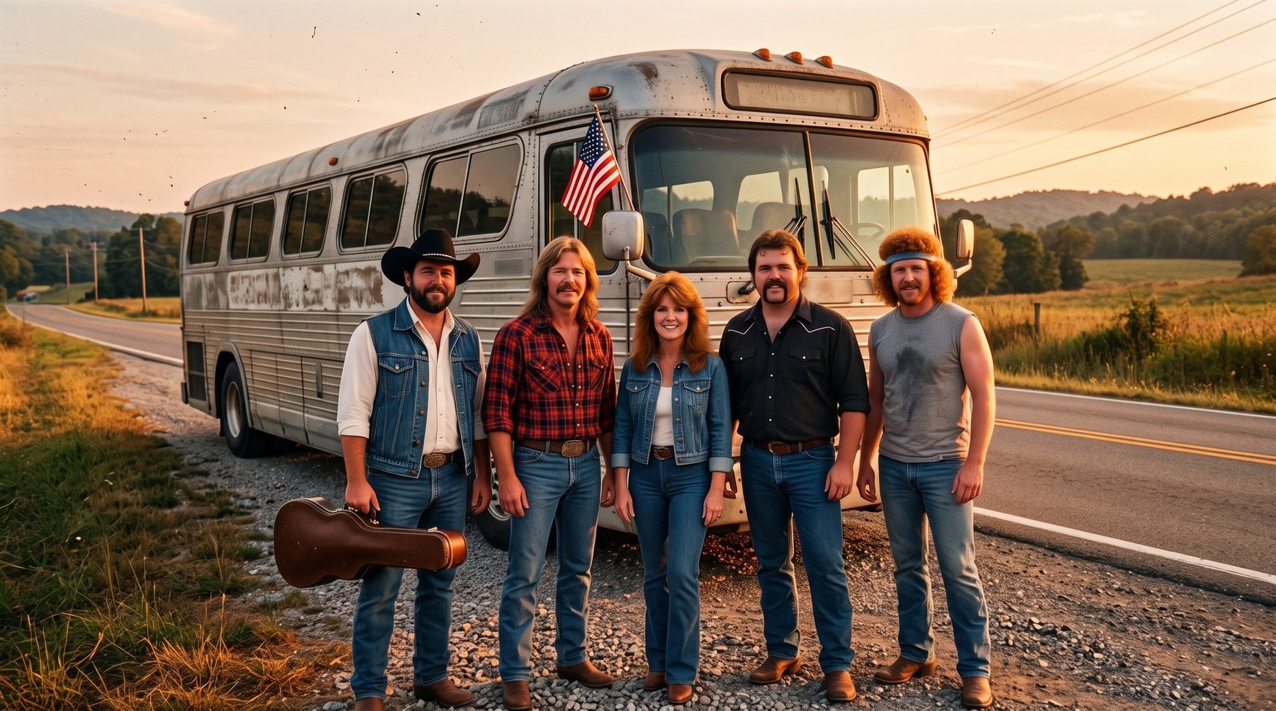 The band in front of a silver motor coach with a small flag on the door